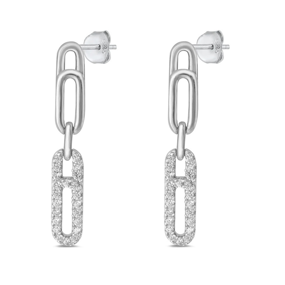 Sterling Silver CZ Paperclip Drop Earrings – Clear Cubic Zirconia – Rhodium Plat